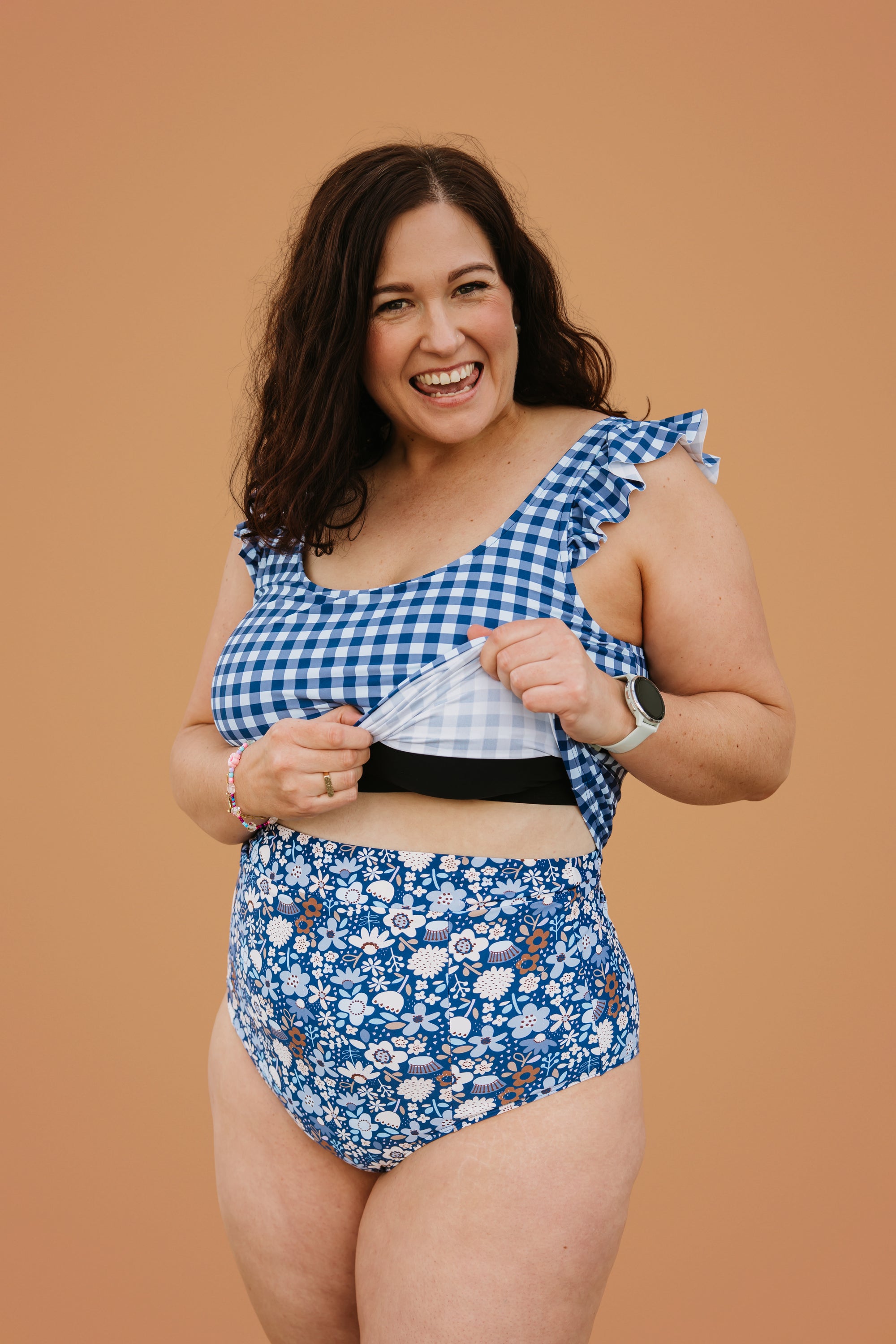 PRE-ORDER: Frill Shoulder Tank Blueberry Check