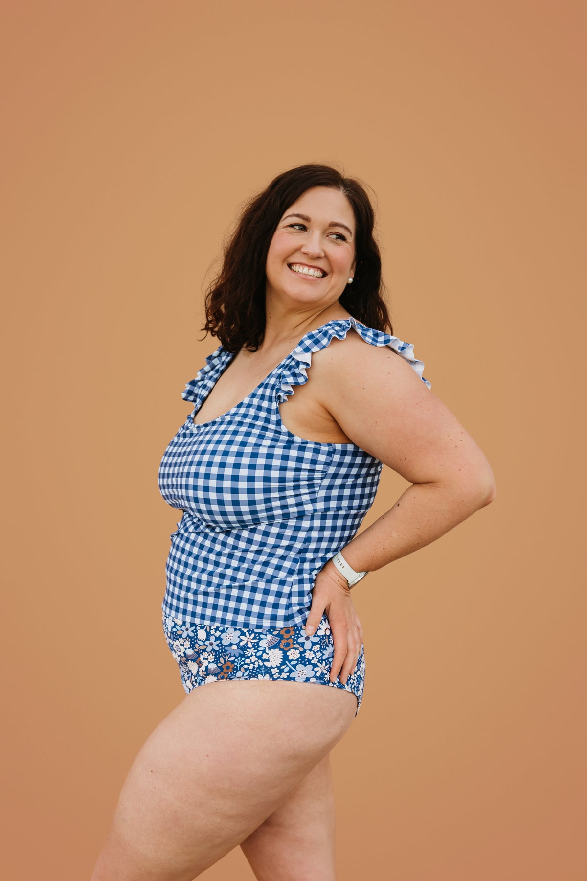 PRE-ORDER: Frill Shoulder Tank Blueberry Check
