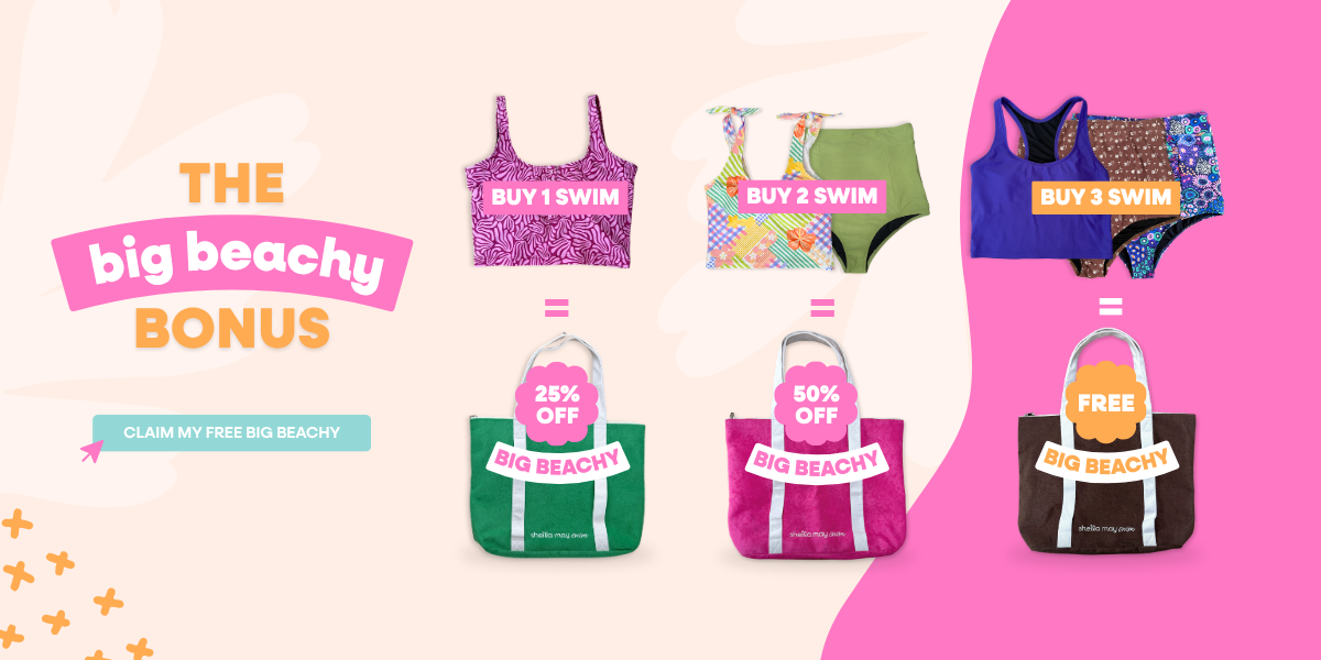 Promotional graphic for a 'big beachy BONUS' offer, showing three different swimsuit sets with matching tote bags and discount badges. The left set is pink and purple, the middle set is green and multicolor, and the right set is blue and patterned.