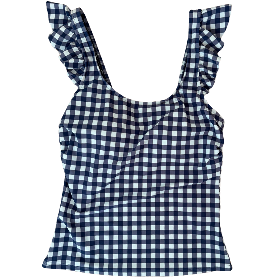 PRE-ORDER: Frill Shoulder Tank Blueberry Check