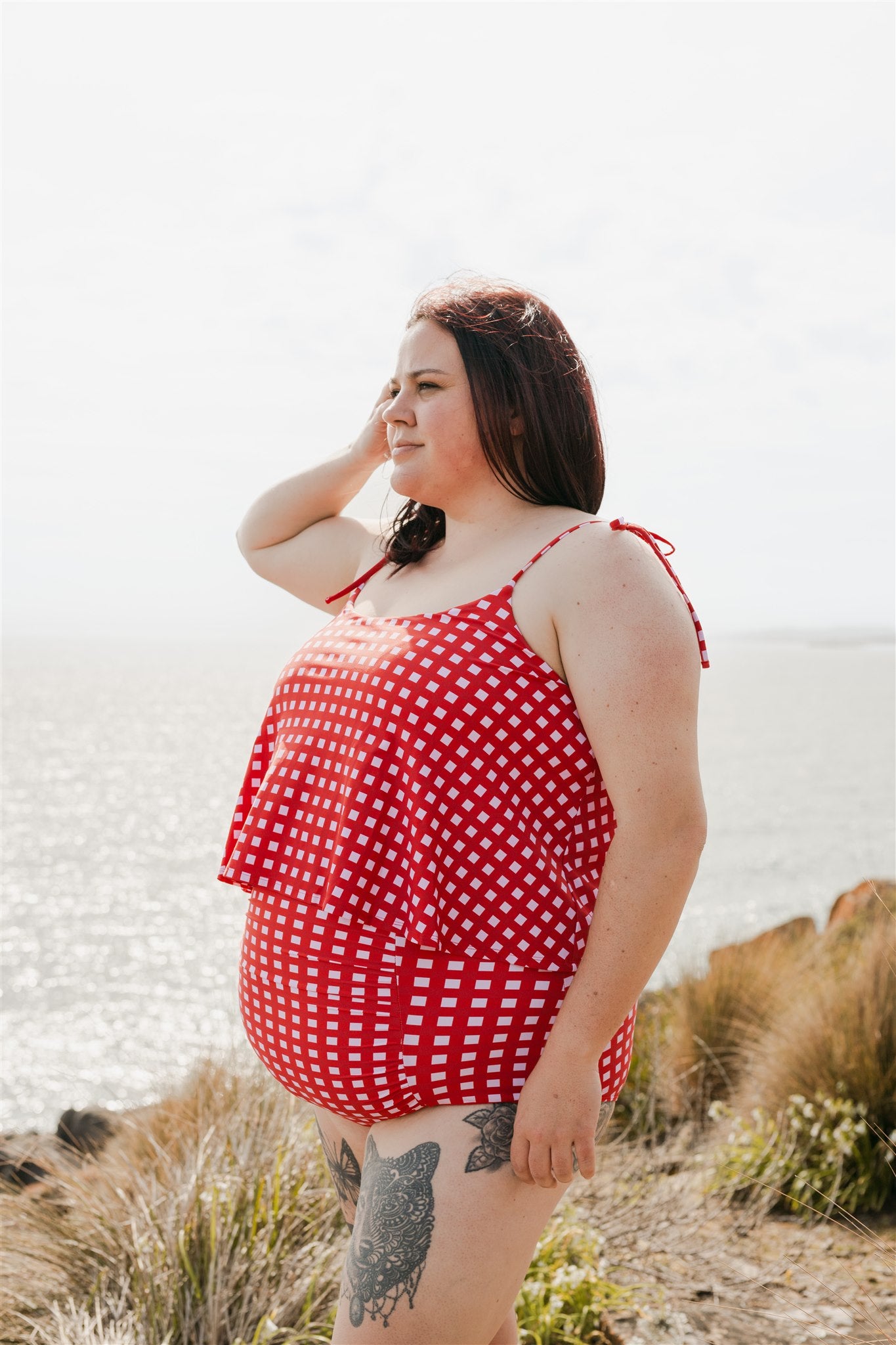 Ruched High Waisted Bottoms Watermelon Check