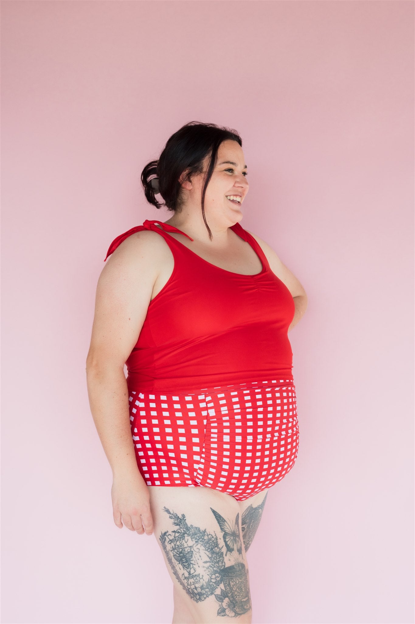 Ruched High Waisted Bottoms Watermelon Check